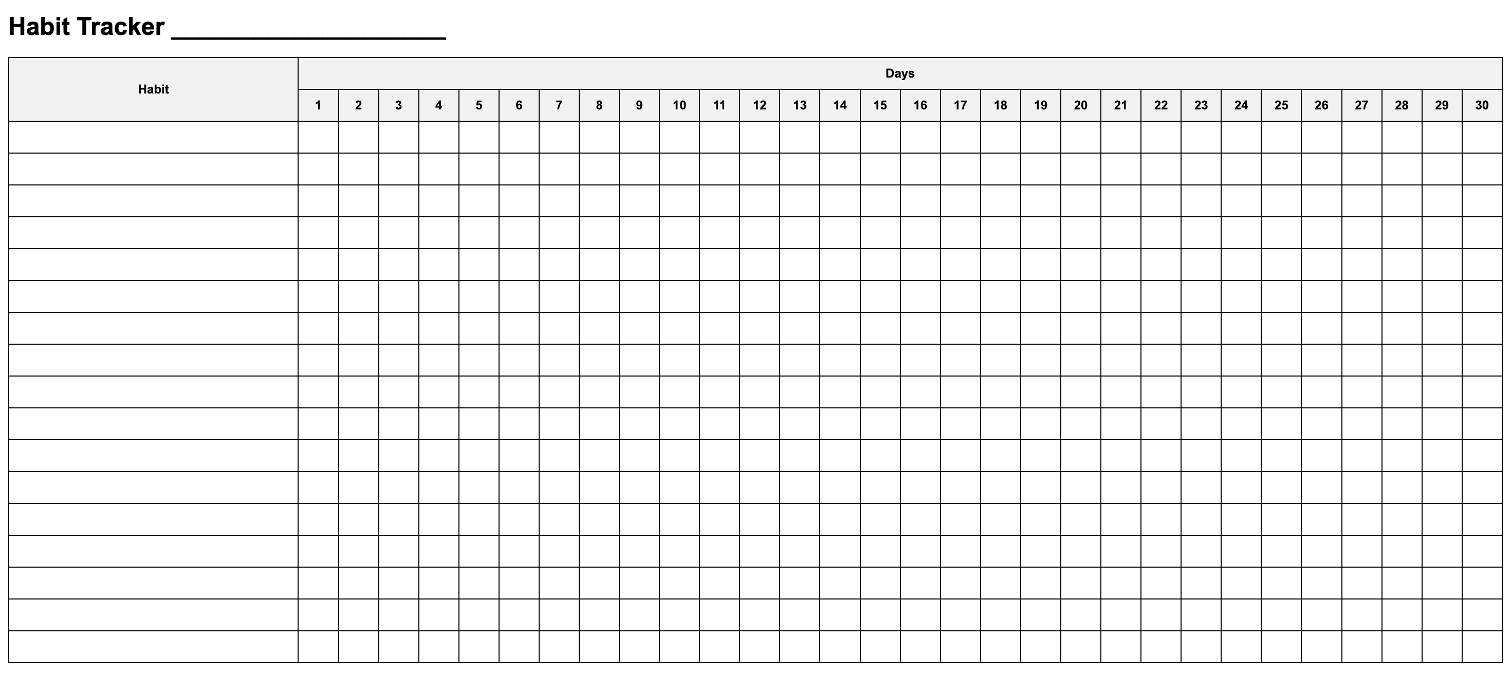 month habit tracker printable template